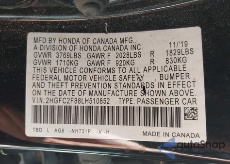 2020 Honda Civic Sport from USA, damaged, VIN 2HGFC2F88LH510852